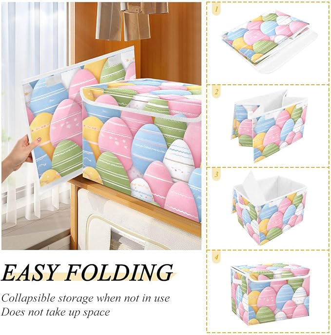 Cute Colorful Easter Eggs Storage Box with Lid 1 PC Foldable Storage Bin with Lids Stackable Storage Bins Cube Closet Organizer Basket with Flip-Top Lid &amp Handles for Shoes Books Towels