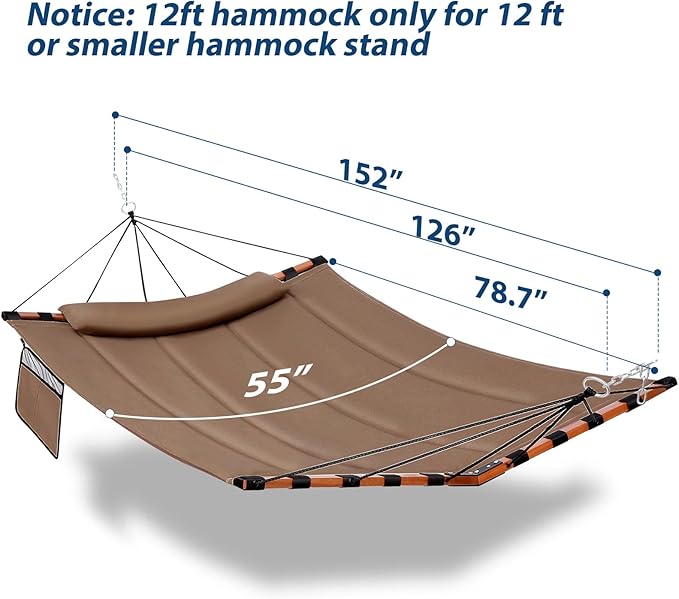 TegerDeger 12FT 2 Person Hammock Large Hammock 450LB Capacity with V Shaped Hardwood Spreader Bar &amp Nylon Rope for Outside Patio Garden Backyard Beach Poolside - Brown