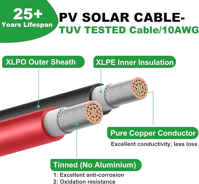 Oududianzi Solar Extension Cable 20Ft Solar Wire 10AWG Tinned Copper PV Cable 10Gauge Solar Panel Cables with Waterproof Connectors for Home Boat RV Outdoor Camping Solar Panels