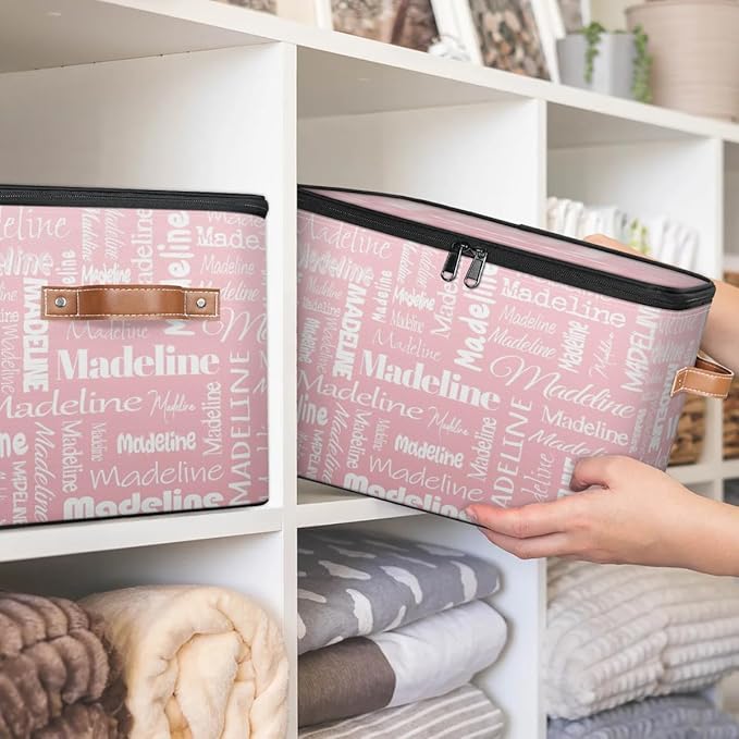 Custom Storage Basket with Name Personalized Keepsake Box with Zipper Lid Foldable Fabric Memory Bin Large capacity with Handle Pink