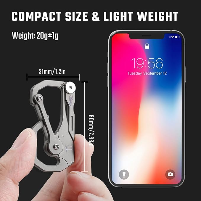 KeyUnity KU00 Titanium Quickdraw Carabiner with Folding Knife B Shaped EDC Multifunctional Keychain with 2 Inch Ruler Palm Sized Lightweight Stainless Body Perfect for Home/Office/Camping
