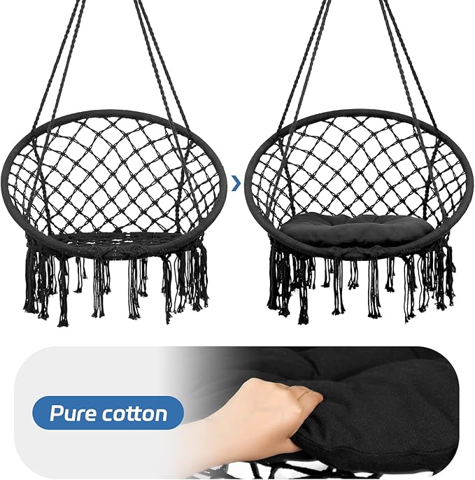 Hammock Chair Macrame Swing Cotton Rope Handwoven Hanging Chair 330 Pounds Capacity Macrame Tassels Hammock Swing for C-Hammock Stand Living Room Yard Garden Balcony (Black)