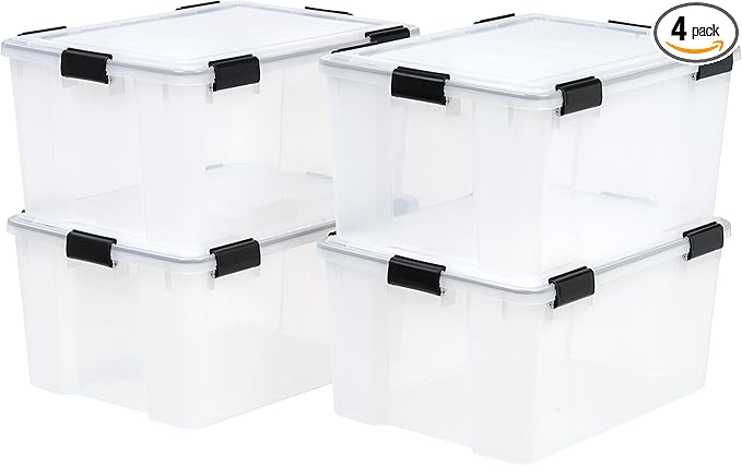 IRIS USA 62.8 Quart Plastic Storage Bin Tote Organizing Container with Durable Lid and Seal and Secure Latching Buckles 4 Pack