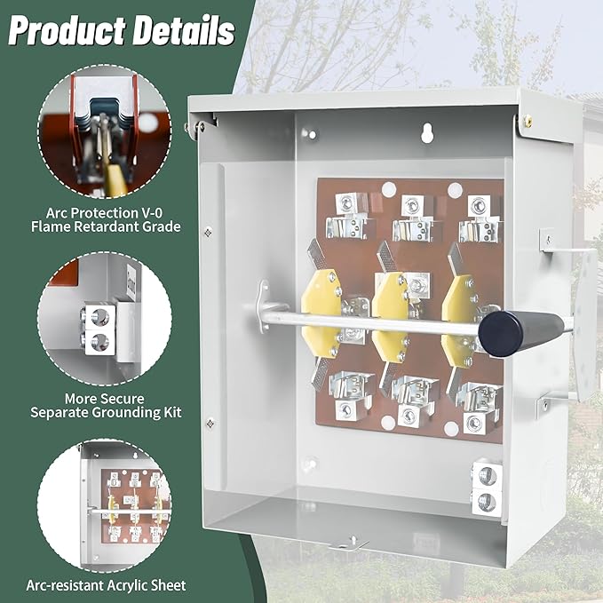 200-Amp Generator Transfer Switch 3 Pole 120/240V Manual Transfer Switch for Home Generator 48000 W Heavy Duty Double-Throw Power for Outdoor＆Indoor Meeting NEMA 3R Standards