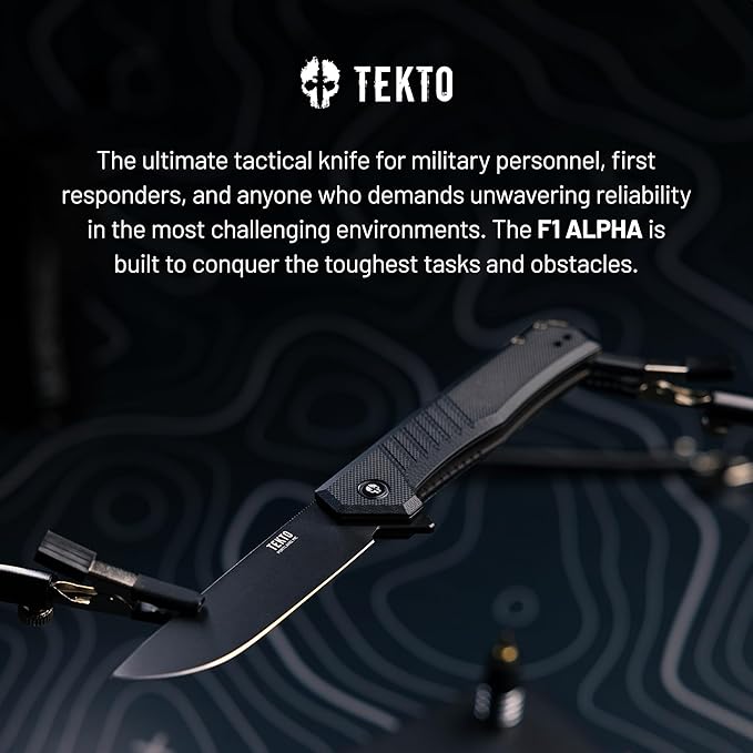 TEKTO F1 Alpha Folding Pocket Knife - Modified Straight Back Blade Titanium Coated D2 Steel Ideal for Outdoor Camping and Backpacking Tactical G10 Black Handle Black Titanium Accents