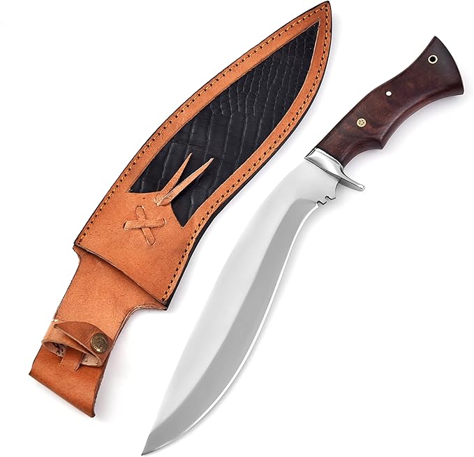 Warivo Handmade D2 Kukri Machete Knife with Leather Sheath - Fixed Full Tang Steel Blade Machete for Cutting Trees Heavy Duty for Clearing Brush Yard Work Gardening Camping and Hiking