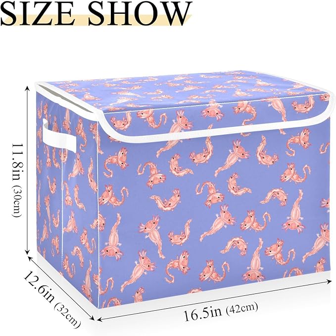 Cute Axolotl Salamander Lidded Home Storage Bins Closet Storage Bins Foldable Oxford Fabric Storage Box for Home Bedroom Closet Office (16.5x12.6x11.8 in)