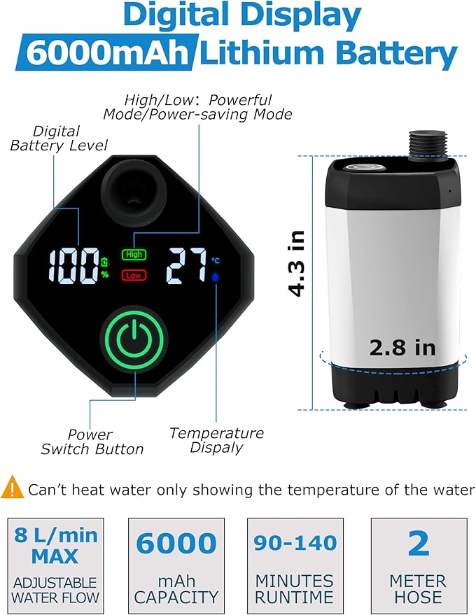 innhom Portable Shower Camping Shower Outdoor Camp Shower Pump Electric Rechargeable Portable Camping Shower Powered by Rechargeable Battery