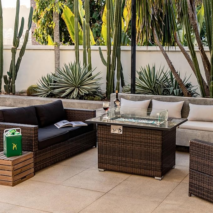44in Outdoor Propane Gas Fire Pit Table 50000 BTU Auto-Ignition Gas Firepit with Glass Wind Guard Marble Tile Tabletop Mixed Color Glass Rocks Brown PE Rattan