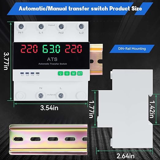 63A 220V Automatic Transfer Switch 2P Dual Power Select Interruptor Electrical Changeover Switch with LED Display Mini ATS Din Rail Mount 50/60Hz CE Certified for Home Backup Power