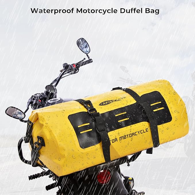 40L Waterproof Motorcycle Duffel Bag - Motorcycle Luggage Tail Bag with Straps for Back Seat - Roll Top Dry Bag for Kayaking Rafting Boating Camping Travel Beach (Yellow)