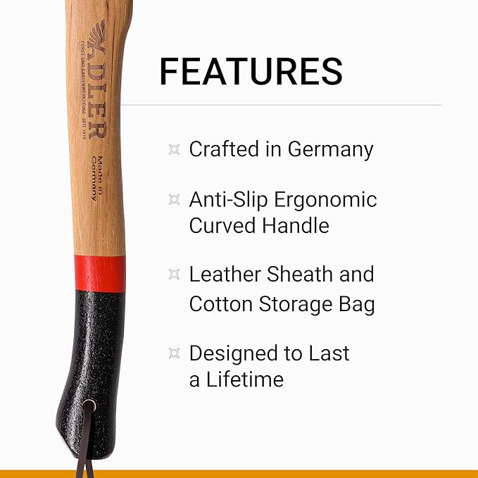 Adler Yankee Hatchet – German Forged Camping Hiking Hatchet w/ 15 Anti-Slip Hickory Handle 1-1/2 lb Head w/Leather Sheath &amp Storage Bag Compact Bushcraft Axe for Firewood Kindling Carving (A