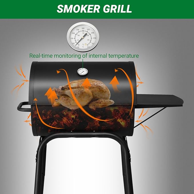Outvita Barrel Charcoal Grill with Warming Rack Outdoor BBQ Grill with Side Table with Nearly 268 Sq.In. Cooking Grid Area for Backyard Patio Picnic Parties Camping Black