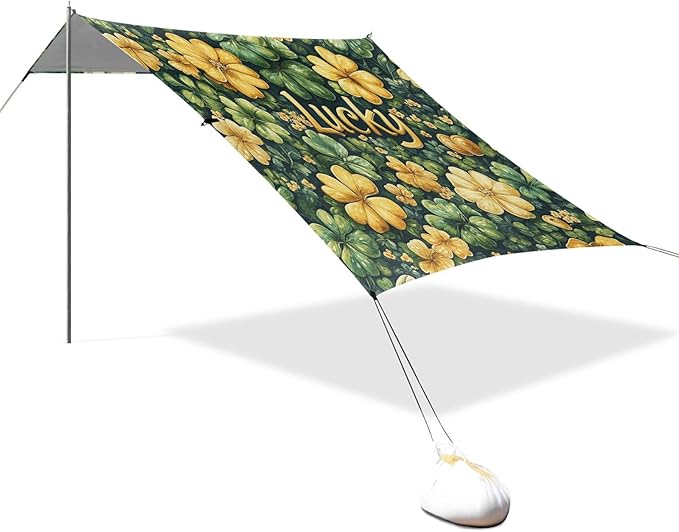 St Patrick's Day Lucky Clovers Beach Tent Sun Shelter Set UPF50+ UV Protection 10.5 x 9.19 FT Camping Shade Canopy with Sandbags Sand Anchors Carrying Bag and Others