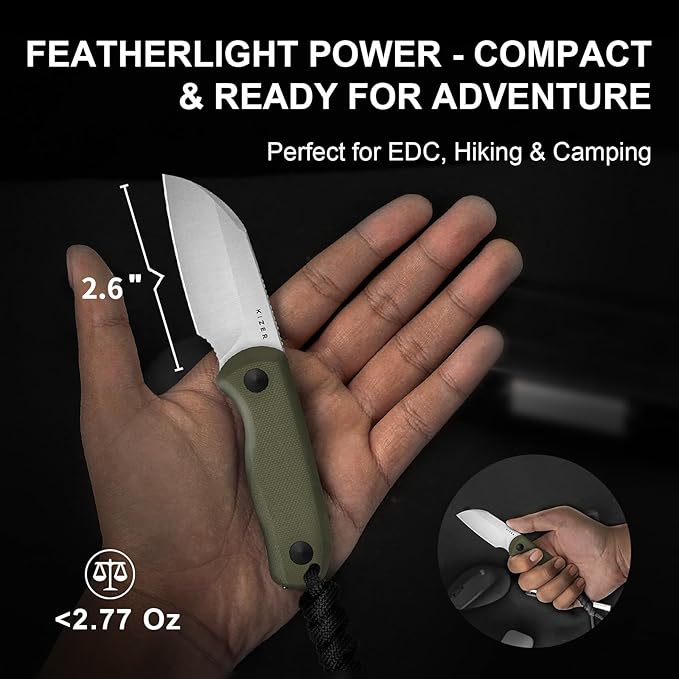 Kizer Drop Bear Fixed Blade Knife 2.6 AEB-L Satin Blade EDC Camping Knife with Olive Green G10 Handle &amp Hidden Tools Outdoor Full Tang Hunting Survival Knives with Adjustable Kydex Sheath 1093A