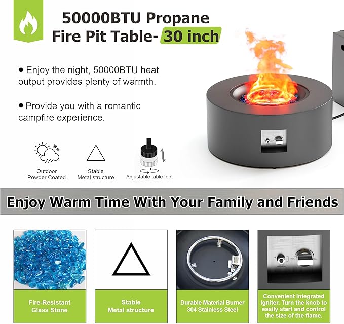 30 Round Propane Fire Pit Table - 50K BTU with Lid Rocks Tank Storage and Cover - Round Gas Fire Pits for Outside Patio - Outdoor Table with Firepit (Grey 30 Round)