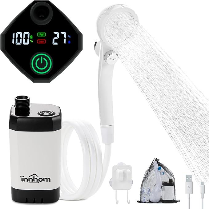 innhom Portable Shower Camping Shower Outdoor Camp Shower Pump Electric Rechargeable Portable Camping Shower Powered by Rechargeable Battery