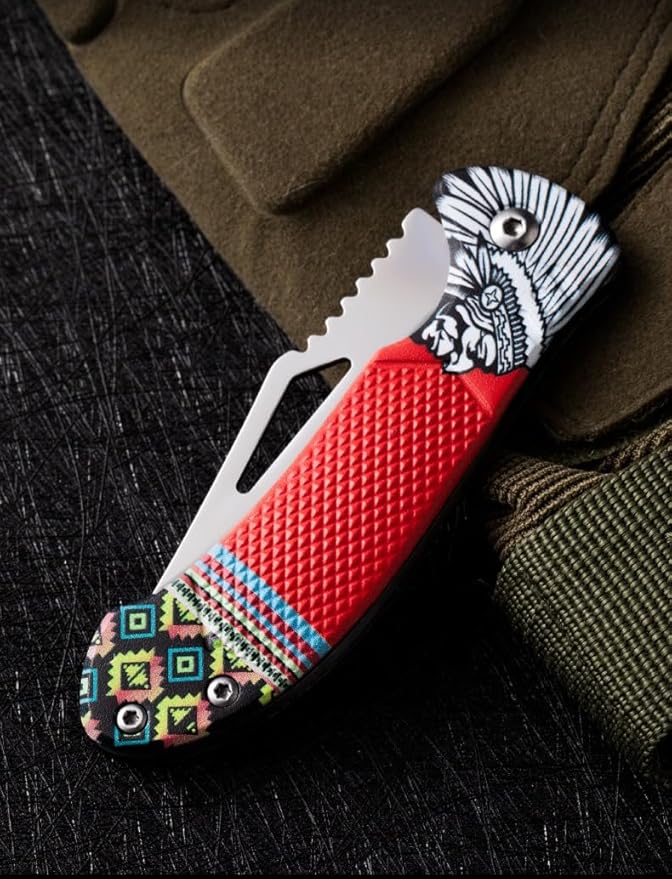 Folding Knife With 3D Retro Embossed Patternfor Camping Hiking Outdoor Survival Unboxing Tool Fishing Hunting Gear (A4)