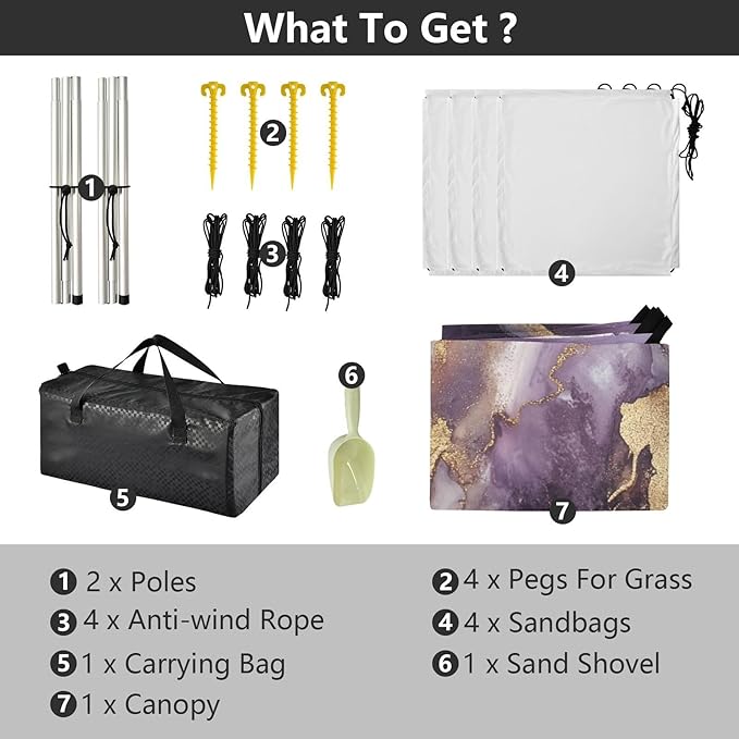 Purple and Gold Marble Texture Beach Tent &amp Canopy UPF50+ Protection Water-Resistant Sun Shelter with Sand Shovel for Backyard and Camping