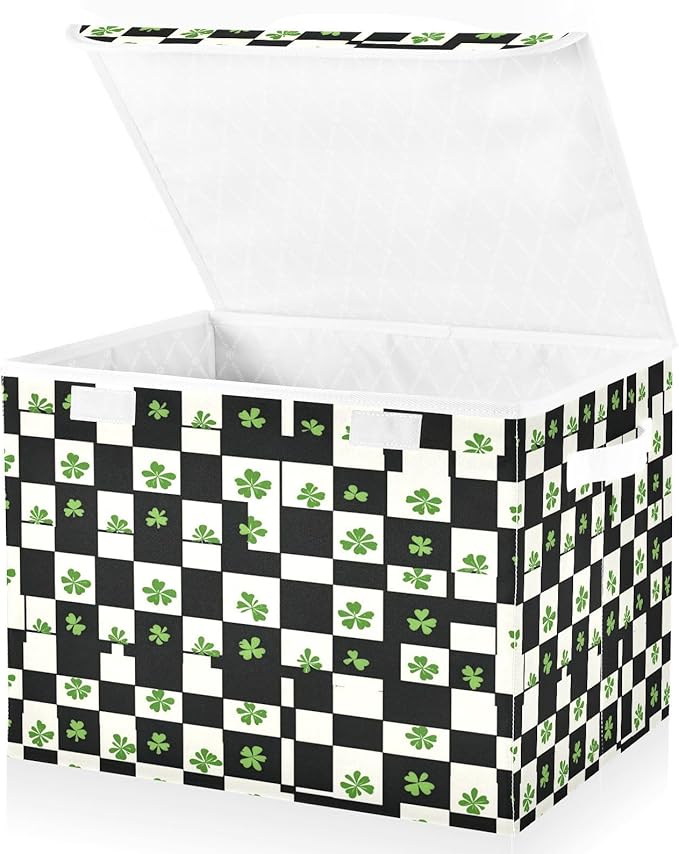 Clover Checkered Pattern Fabric Storage Bins with Lids and HandleFoldable Storage Bins with LidsCloset Organizers for Clothes Storage Room Organization Office Storage Chest Organizer