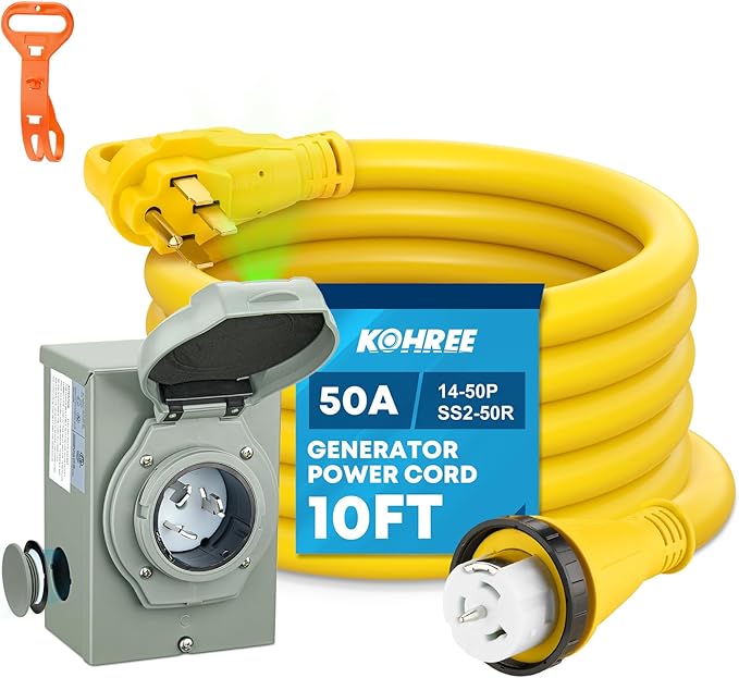 Kohree 50 Amp Generator Cord and Power Inlet Box 10FT NEMA 14-50P to SS2-50R Twist Locking Generator Extension Cord for Generator to House 125/250V 50Amp Pre-drilled Generator Inlet Box ETL Listed
