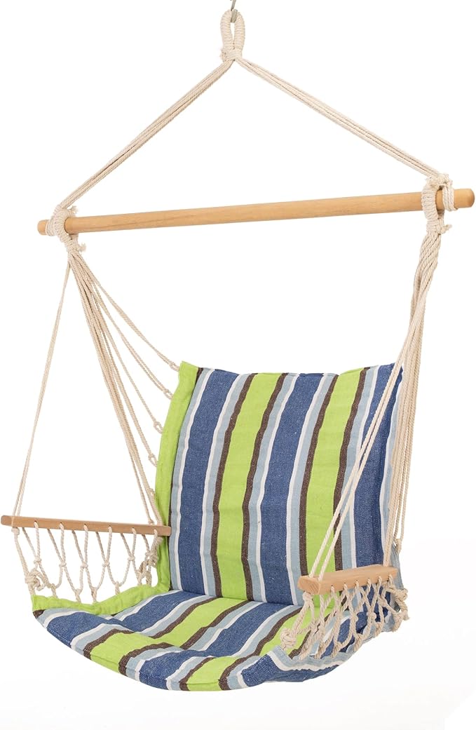 Castaway Living Hammock Chair Hanging Rope Cushioned Swing with Quick Dry Fabric for Indoor &amp Outdoor Use - Blue and Green Stripe