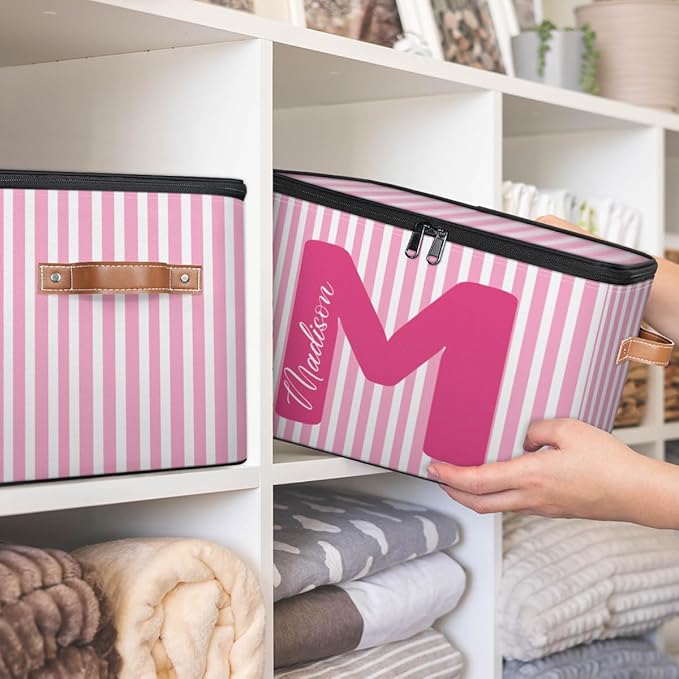 Custom Memory Storage-Bin for Kids Personalized Stripe Keepsake Storage Basket with Handle Lid Large CapacityFolable Fabric Box Decorative for Family