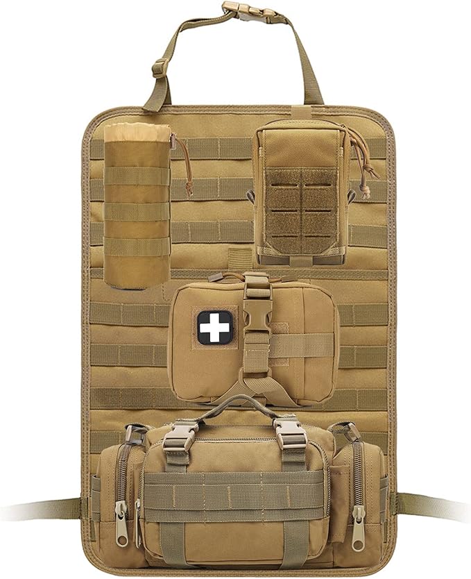 Molle Tactical Seat Back Organizer Panel with Pouches Universal Fit For Vehicle Car Khaki