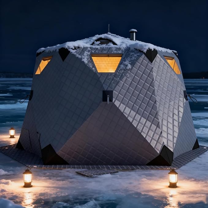 Winter Fishing Tent Fishing Tent pop up ice Fishing shelter with Stove Jack and Floor Portable ice Fishing Tent 420d Insulated Layer ice shanty Hexagon ice Huts Grey