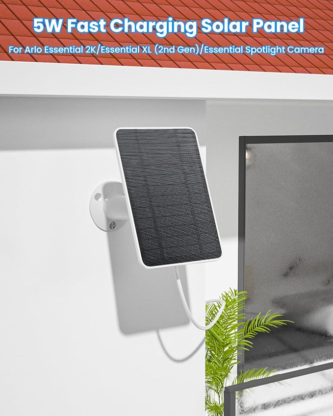 Solar Panel Charger Compatible with Arlo Essential 2K Outdoor(2nd Gen)/Essential XL Camera(2nd Gen)/Essential Spotlight 5W Solar Panel with IP65 Waterproof 10ft Micro USB-C Cable &amp Wall Mount 3