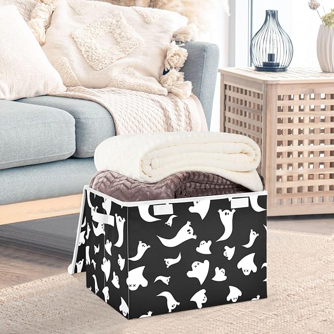 Halloween Ghost Lidded Home Storage Bins Closet Storage Bins Foldable Oxford Fabric Storage Box for Home Bedroom Closet Office (16.5x12.6x11.8 in)