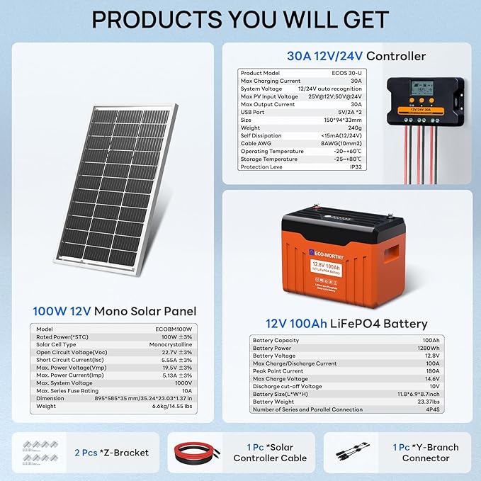 ECO-WORTHY 1.28KWH 200W RV Solar Panel Kit 12v 100ah lifepo4 Battery with Status Display 2PCS 100W Bifacial Solar Panels30A Controller with USB for Garden Home DC-Powered Appliances