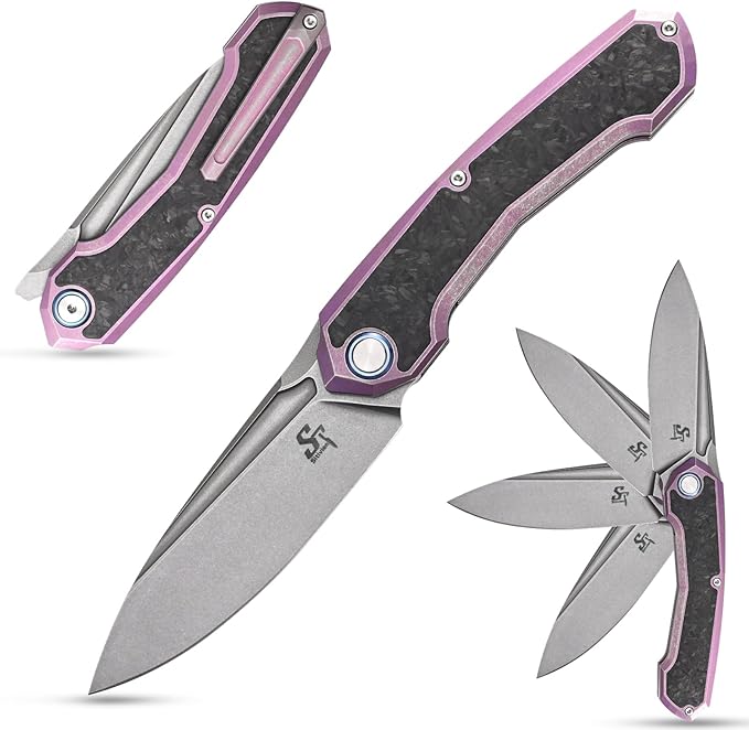 Sitivien ST999 Folding KnifeS35VN Steel Blade with Titanium and Carbon Fiber Handle Frame LockEDC Knife with pocket clip for Outdoor Camping Survival Hiking(Pink)