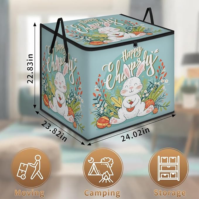 XL Large Clothes Storage with Lid Handle Spring Large Thick Clothes Blanket Storage Containers for Organizing Bedroom Closet Comforter Organization Storage Easter Rabbits