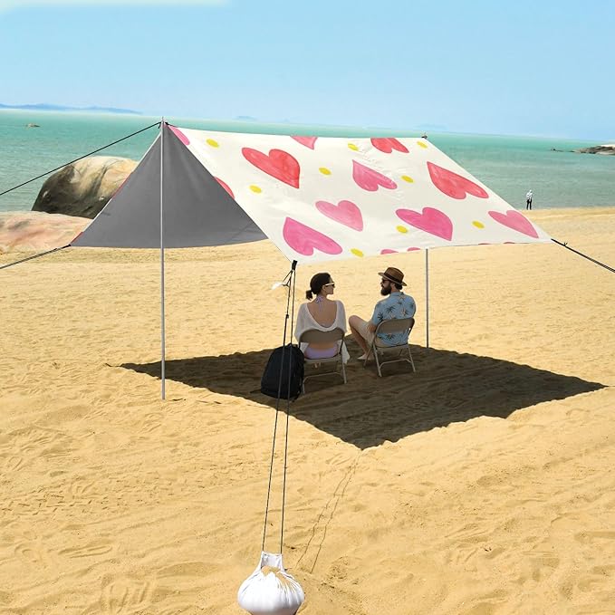 Beach Canopy with Windproof Ropes &amp Sandbags Beach Tent Sun Shade Sun Shelter for Camping Trips Fishing Backyard Fun or Picnics Heart