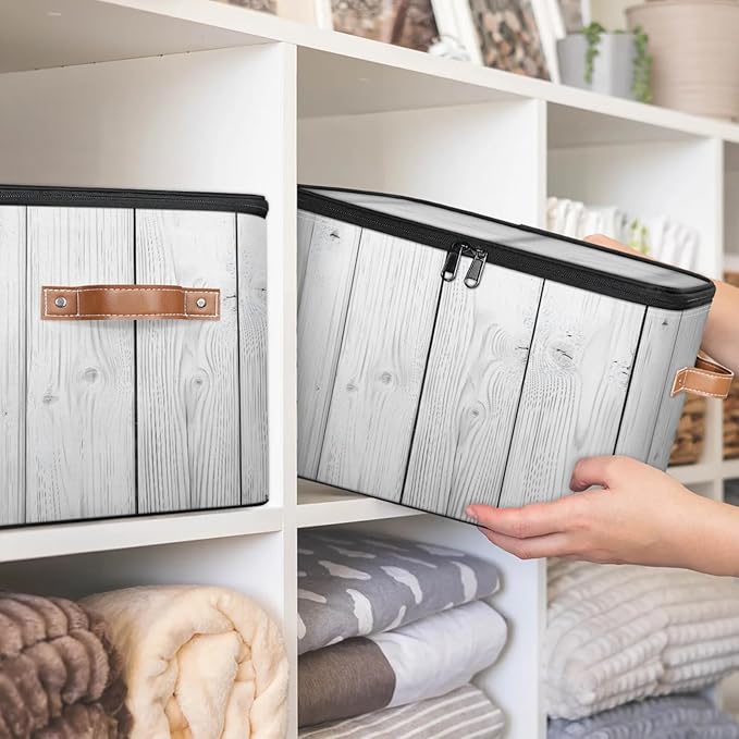 Storage Bins with Lids Wooden Texture Storage Basket Clothes Organizer with Handles Closet Storage Containers for Clothing Bedding Blanket