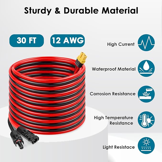 Solar to XT60 Charge Extension Cable 30FT 12AWG XT60 Solar Cable for Portable Power Station Battery Pack