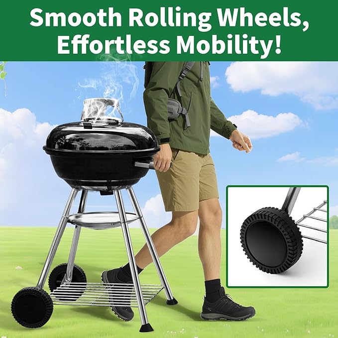 BEAU JARDIN Charcoal Grill 18 Inch for Outdoor Cooking BBQ Barbecue Coal Kettle Bowl Grill Portable Heavy Duty Round with Wheels Grilling for Tailgating Patio Backyard Camping Black