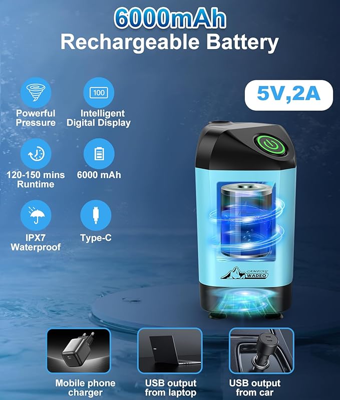 WADEO Portable Shower for Camping Outdoor Electric Shower Rechargeable Pump with Intelligent Digital Display Camping Shower Head Nozzle for Camping Hiking Traveling Washing
