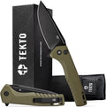 TEKTO F3 Charlie Button Lock Folding Knife Oversized Fine Edge Blade - Easy Open Pocket Knife with Titanium Coated D2 Steel &amp Black Titanium Barrel Spacers