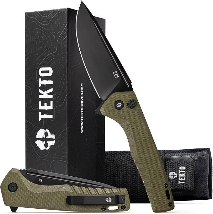 TEKTO F3 Charlie Button Lock Folding Knife Oversized Fine Edge Blade - Easy Open Pocket Knife with Titanium Coated D2 Steel &amp Black Titanium Barrel Spacers