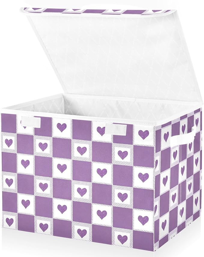 Cute Checkered Purple Hearts Storage Box with Lid 1 PC Foldable Storage Bin with Lids Stackable Storage Bins Cube Closet Organizer Basket with Flip-Top Lid &amp Handles for Shoes Books Towels