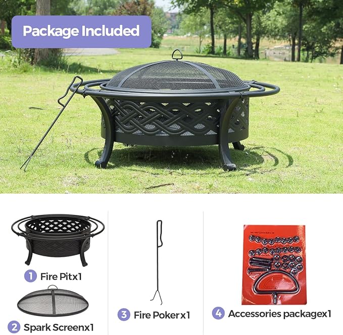 Panovue 36 Inch Fire Pit with 2 LoopsCrossweave Wood Burning Fire Pits for Outsidewith Spark ScreenFire PokerRound Outdoor Firepit for PatioYardGardenCampingBonfire(36''Black)
