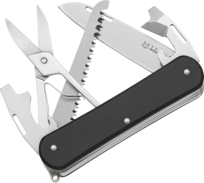 Fox Knives Vulpis FX-VP130-SF5 Slipjoint EDC Pocket Knife 5-in-1 Multitool - 2.17in Blade Hacksaw Bottle Opener Can Opener Scissors Flat Head Screwdriver - Every Day Carry (Black)