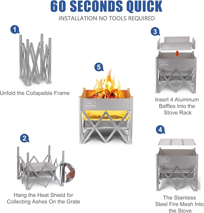 KAMPKEEPER Portable Fire Pit Outdoor Tabletop Firepit 18 Inch 304 Stainless Steel Wood Burning Fireplaces Collapsible Pop Up Fire Pit for Outside Included Heat Shield for Leave No Trace Fires