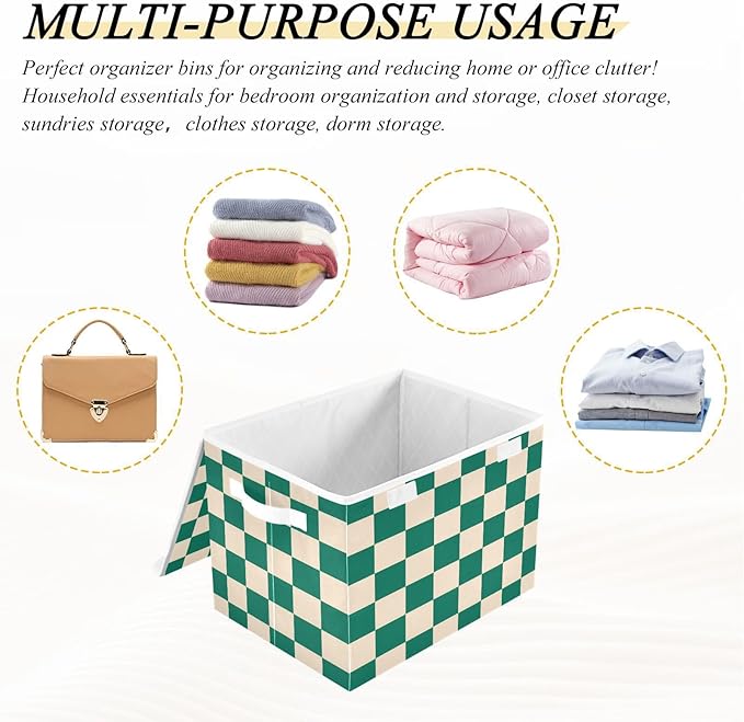 Green Checkerboard Square Grid Storage Box with Lid 1 PC Foldable Storage Bin with Lids Stackable Storage Bins Cube Closet Organizer Basket with Flip-Top Lid &amp Handles for Shoes Books Towels