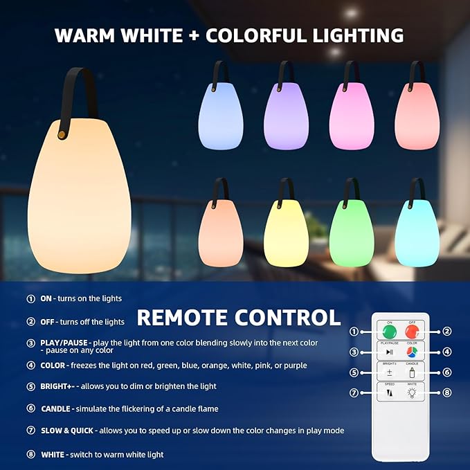 uuffoo Rechargeable Portable Table Lamp Cordless RGB Lantern with Remote Decorative LED Night Light IP44 Waterproof Indoor Outdoor Lamp for Bedroom Patio Garden Wedding Party