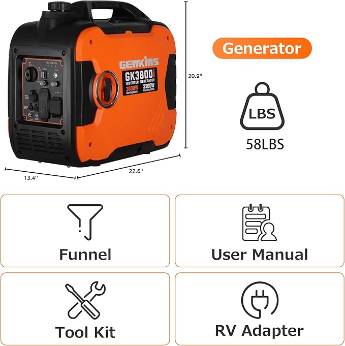 GENKINS Portable Inverter Generator 3800 Watt Gas Generato Super Quiet with Parallel Capability for RV Ready Camping Outdoor EPA Compliant