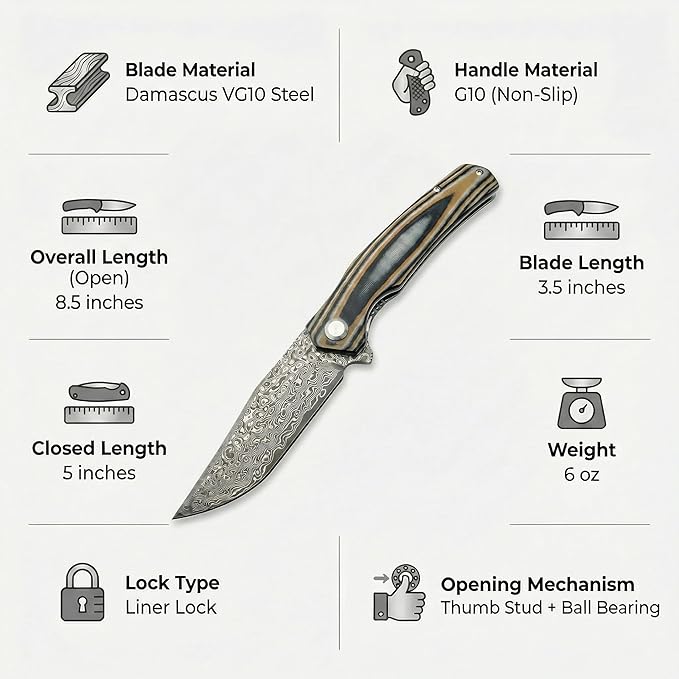 Damascus Steel Folding Pocket Knife 3.74 VG10 Blade for Men and Women Two-Tone G10 Handle EDC Knife with Liner Lock for Outdoor Survival Camping Collection Hunting