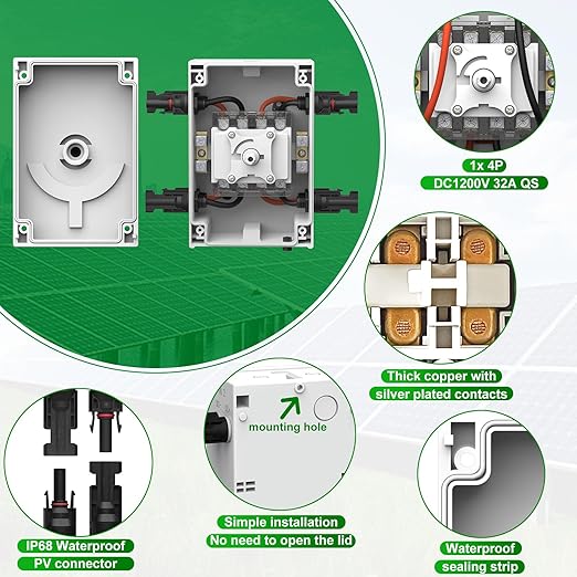 Solar Disconnect Switch 2 Strings 32A DC1500V 2in 2out Rapid Shutoff Isolator Switch with Plug &amp Play Connector and IP66 Outdoor Waterproof for Rooftop Solar Systems RVs and Boats